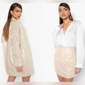 Boohoo Nude Sequin Shirt Dress & Curbed Hem Mini Skirt Two-piece Set